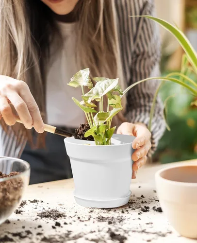 Miniatura 2 de homenote Macetas para plantas, 8 macetas de plástico de 7.5 pulgadas con múltiples agujeros de drenaje y bandeja, macetas para todas las flores