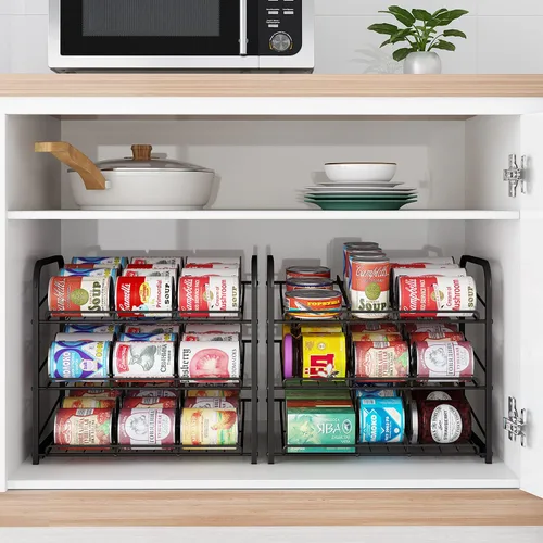 Miniatura 6 de Organizador de estantes para latas, dispensador apilable de 3 niveles para almacenamiento de latas, para almacenamiento de alimentos, cocina o Negro