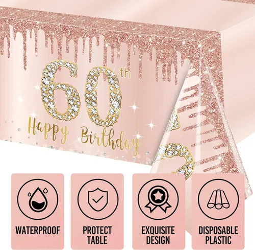 Miniatura 3 de Excelloon Paquete de 3 manteles para mesa de cumpleaños de 60 años, color rosa dorado y rosa, suministros para fiestas, mantel rectangular
