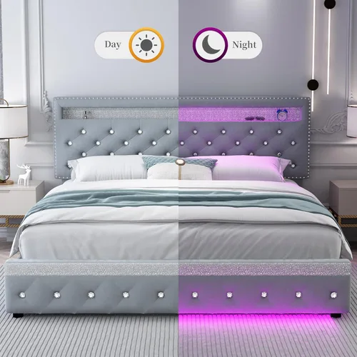 Miniatura 7 de Marco de Cama Queen con LED y 2 Cajones, Cabecero de Plataforma Moderno Resistente Ajustable Tapizado con Botones de Cristal Acolchado, Marco de Gris