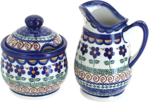 Miniatura 4 de Set de crema y azúcar de flor de manzana y cerámica polaca de rosa azul