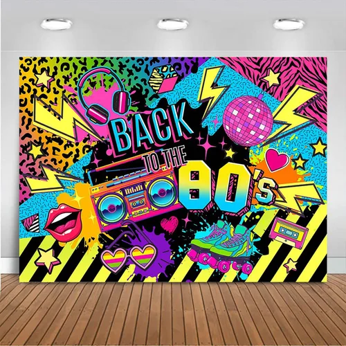 Miniatura 5 de Mocsicka Pancarta de fondo de hip hop de los años 80 y 90, graffiti de regreso a los 80 y 90, decoraciones para fiestas, neón, retro, de cumpleaños