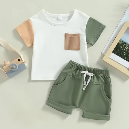 Miniatura 9 de Ynibbim Conjunto de 2 piezas de ropa de verano para niños pequeños con estampado de letras y pantalones cortos elásticos