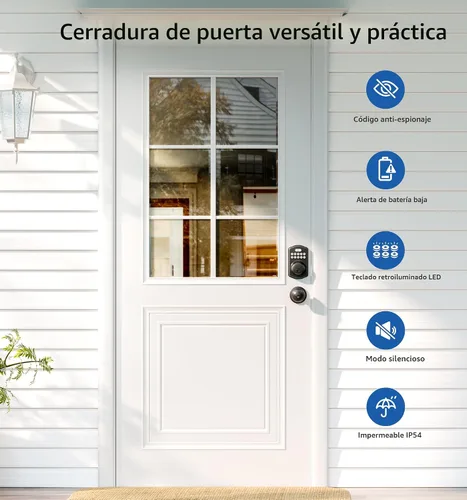 Miniatura 4 de Veise Cerradura de puerta de entrada sin llave con 2 perillas, cerrojo electrónico retroiluminado con asa, bloqueo automático, códigos únicos, Negro