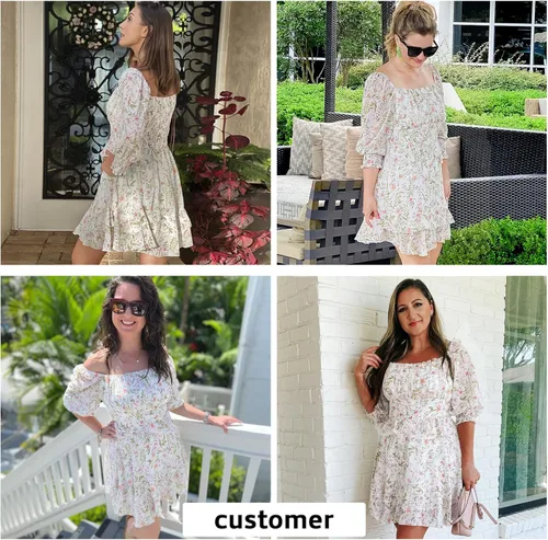 Miniatura 3 de EXLURA - Vestido corto de verano para mujer vestido con estampado floral diseño escalonado con volantes cuello cuadrado manga larga y hombros