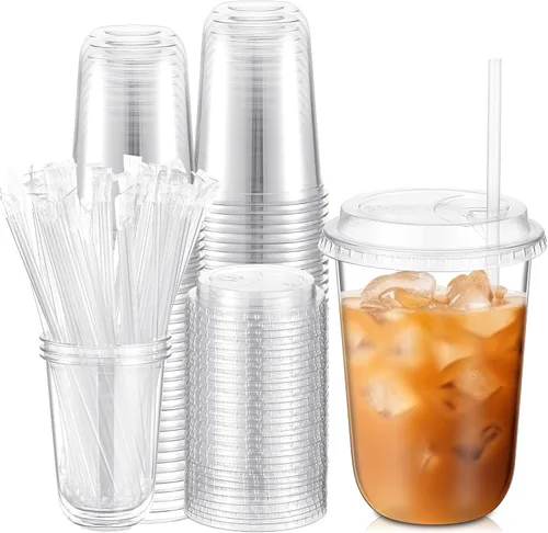 Miniatura 9 de Ziliny 50 juegos de vasos de plástico transparente con tapas y pajitas, vasos desechables para café helado a granel PET para vino, cóctel, batido