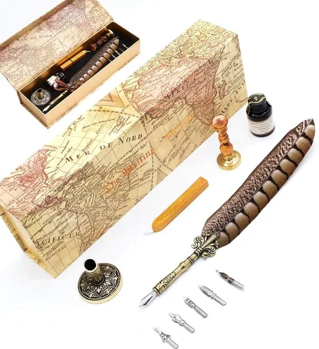 Miniatura 7 de Pluma antigua pluma único medio patrón pluma conjunto con 6 plumas, 1 botella de tinta, 1 sello sello 1 portalápices 1 cera de sellado LL-149