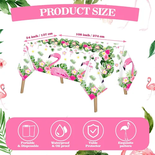 Miniatura 2 de Preboun 3 manteles de verano con diseño de flamenco para fiestas, mantel de plástico tropical hawaiano, 54 x 108 pulgadas, decoración de mesa rosa
