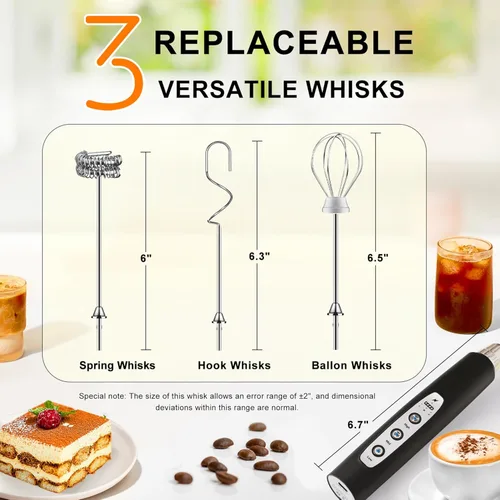 Miniatura 5 de YUSWKO - Espumador de leche recargable USB de mano con 3 cabezas, mini mezclador de bebidas con 3 velocidades para latte, cappuccino, chocolate Negro