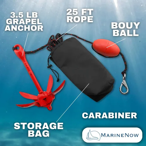 Miniatura 4 de MarineNow Kit de anclaje de grapnel de 3.5 lb – Anclaje plegable con cuerda de grado marino de 25 pies, boya, gancho a presión y bolsa