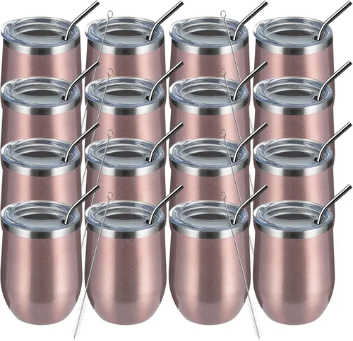 Miniatura 42 de MEWAY Vaso de vino sin tallo de 12 onzas con tapa, vaso de viaje de acero inoxidable con aislamiento de doble pared al vacío con popote, para Negro