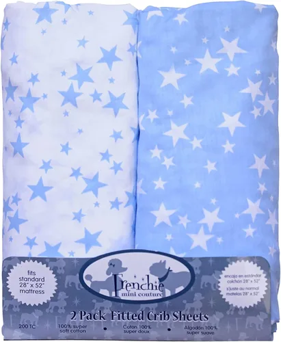 Frenchie Mini Couture Sábanas bajeras para cuna, 100% algodón, se adaptan a colchones de niños pequeños, estrellas azules, 28 x 52 pulgadas, paquete