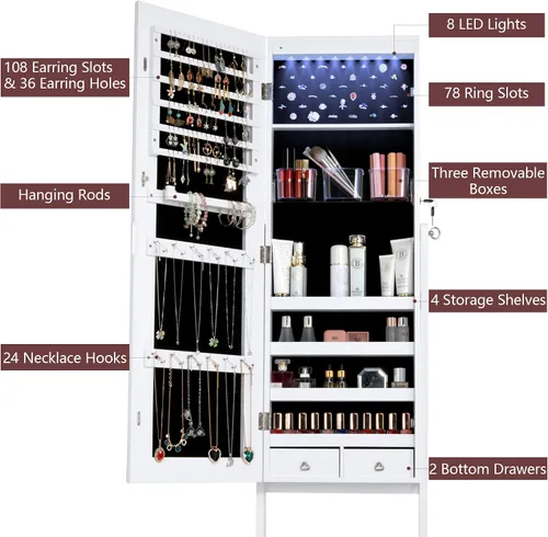 Miniatura 3 de LVSOMT 8 LED Organizador de joyas con espejo de cuerpo completo, armario de almacenamiento montado en la paredpuerta joyero con cerradura con 2