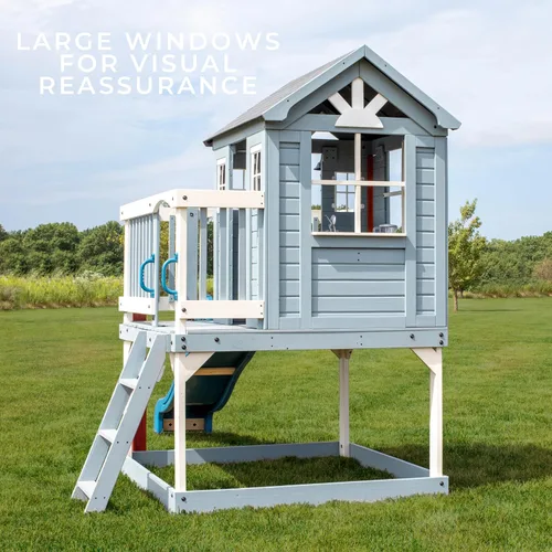 Miniatura 4 de Backyard Discovery Beacon Heights - Casa de juegos elevada de madera de cedro para niños con tobogán ondulado, cocina de juegos, cubierta