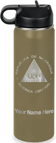 Miniatura 43 de LaserGram Botella de agua personalizada, bandera de Nicaragua, acero inoxidable de doble pared aislada al vacío con popote superior, regalo grabado