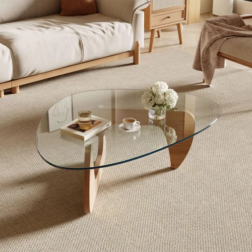 Miniatura 3 de Mesa auxiliar moderna para sala de estar y espacios pequeños, 35.6 x 25.4 x 15.8 pulgadas, mesa triangular de vidrio templado y base de madera