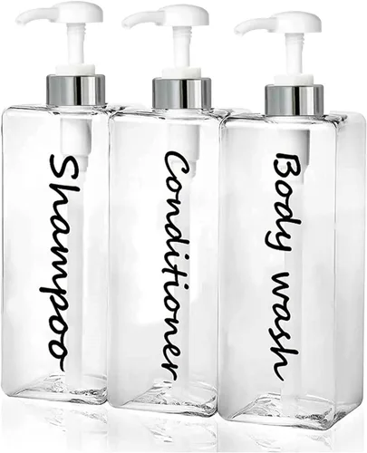 Miniatura 9 de Dispensador de champú – Botellas recargables de champú y acondicionador (transparente, juego de 3, 21 onzas) – Botellas de champú modernas