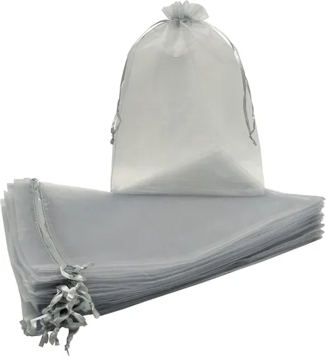 Miniatura 5 de Ankirol 50 bolsas de organza transparente, 12 x 16 bolsas grandes de organza con cordón (gris plateado)