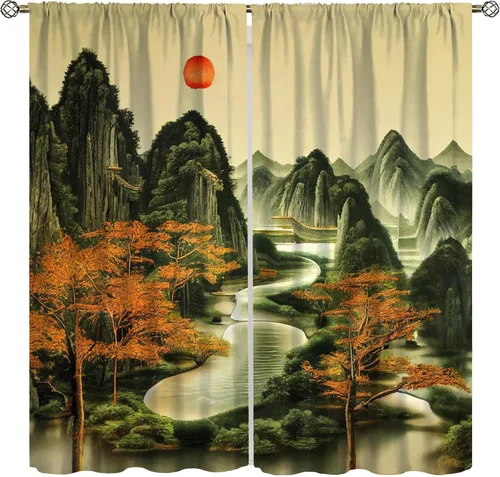 Miniatura 12 de Cortina asiática, flor de cerezo japonés, montañas brumosas de ciruelo rojo asiático, pintura de tinta tradicional, paisaje chino oriental