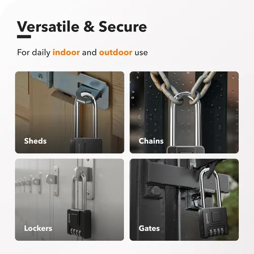 Miniatura 8 de Cerradura de combinación de grillete largo de 2.76 pulgadas para exteriores e interiores, resistente, resistente a la intemperie, seguridad de 4