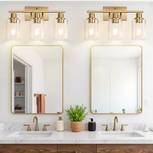 Miniatura 7 de Indoi Lámparas de baño de 3 luces, luces de tocador de latón para baño con pantallas de vidrio transparente, modernos apliques de pared de baño