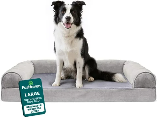 Miniatura 36 de Furhaven Cama ortopédica de espuma para perros, de pelo sintético y terciopelo, con diseño de caja de huevos, color salvia oscura, talla M Dark Sage