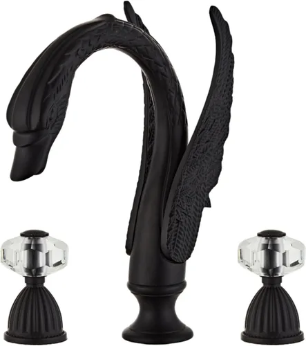 Grifo de Lavabo Estilo Cisne Ornamentado Dorado Negro Combo para Baño con Montaje en Cubierta Conjunto de Grifo Mezclador para Lavabo Agua Caliente