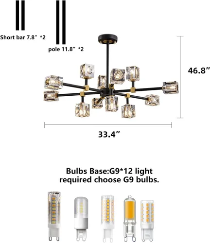 Miniatura 9 de Candelabro de Cristal Negro, Lámparas de Araña Sputnik con 12 Luces, Lámpara de Techo Moderna Ajustable en Altura Semiempotrada para Comedor, Isla