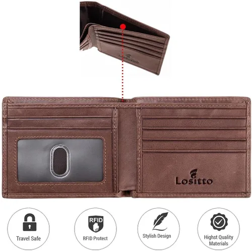 Miniatura 2 de Lositto Cartera de cuero de grano superior con bloqueo RFID para hombres, excelente como plegable de viaje
