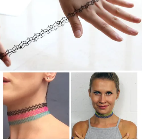 Miniatura 29 de BodyJ4You Juego de 12 gargantillas elásticas estilo tatuaje, accesorios y joyería de los años 90 y 2000, rosado, azul, verde, colorido, arcoíris