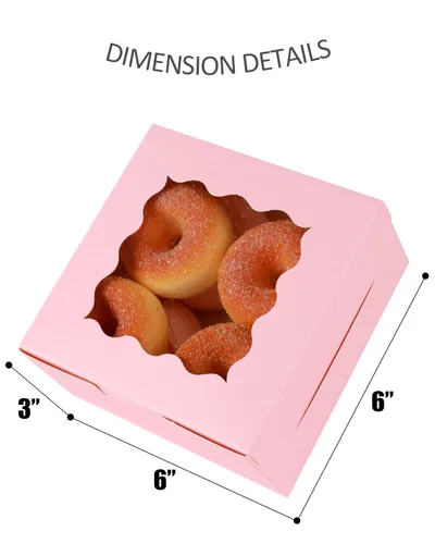 Miniatura 6 de qiqee Caja de panadería rosa con ventana, 100 paquetes de 6 x 6 x 3 pulgadas, cajas de galletas rosas para pastelería para bodas, cumpleaños