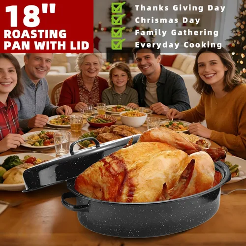 Miniatura 8 de DIMESHY Bandeja para asar de 18 pulgadas, esmaltada en acero, bandeja ovalada cubierta en negro con tapa, utensilio de cocina grande para pavo