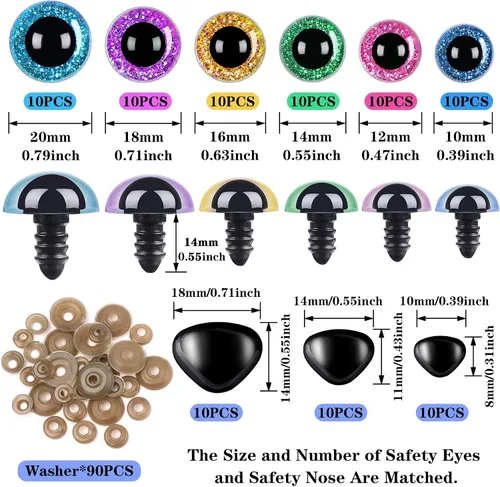Miniatura 2 de UPINS 180 piezas de 10-20 mm de ojos y narices de seguridad grandes con arandelas para ojos de animales de peluche amigurumi, ojos de muñeca