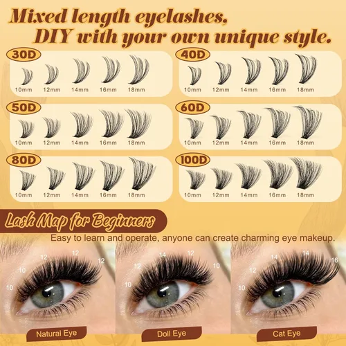 Miniatura 4 de QUEWEL 580 racimos de pestañas 30D+40D+50D+60D+80D+100D racimos de pestañas wispy de 10-18mm, pestañas individuales en racimo reutilizables