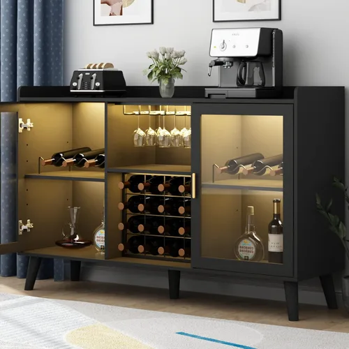 Miniatura 7 de Auromie Armario de bar de vinos con luz LED, gabinete de café para el hogar con estante para vino y vidrio, aparador de cocina con estantes de Negro