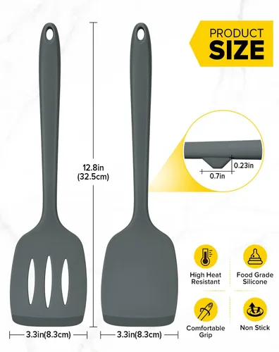 Miniatura 3 de Paquete de 2 espátulas volteadoras de silicona, juego de espátulas de cocina ranuradas antiadherentes, utensilios de cocina resistentes al calor sin