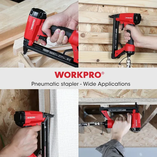 Miniatura 5 de WORKPRO Pistola de grapas neumática de calibre 20, grapadora de tapicería T50 con 1260 grapas de 1/4 a 5/8 pulgadas, escape trasero