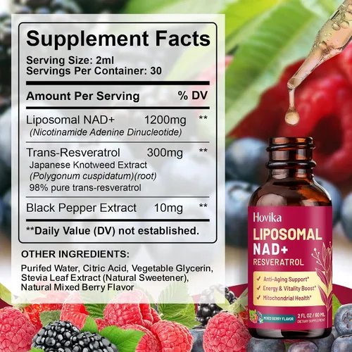 Miniatura 8 de Suplemento NAD liposomal - 1200mg de NAD+ en gotas líquidas para mujeres y hombres con resveratrol, extracto de pimienta negra - Apoyo