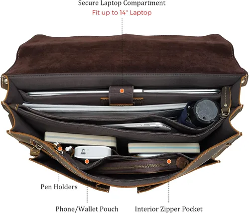 Miniatura 5 de Polare - Bolsa de mensajero de cuero de grano completo de 16 pulgadas para computadora portátil, bolsa de trabajo profesional para hombres