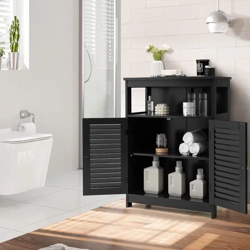 Miniatura 2 de GLACER Gabinete de suelo de baño, armario de almacenamiento de madera con puertas dobles con persiana y estante ajustable de 3 posiciones