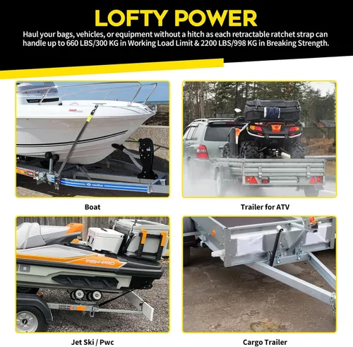 Miniatura 7 de Hifybaty 2 correas de trinquete retráctiles – Correas de trinquete resistentes de 2 pulgadas x 4 pies para remolque de barco – Soportes de montaje