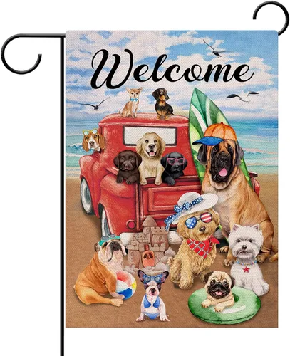 Miniatura 9 de Hzppyz Bandera de bienvenida de verano con texto en inglés "Dogs Red Truck" para jardín, playa y jardín, de doble cara, para recolección náutica