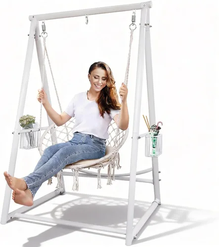 YOXIFOC Base reforzada y soporte de hamaca de estructura triangular con 2 cestas de almacenamiento, soporte de columpio con 3 ganchos para la Blanco