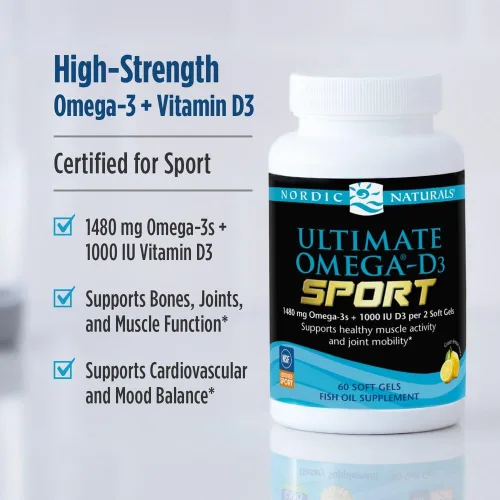 Miniatura 3 de Nordic Naturals Ultimate Omega-D3 Sport, Limón, 60 geles blandos, 1480 mg de Omega-3 + 1000 UI de vitamina D3, certificado NSF, soporta músculos