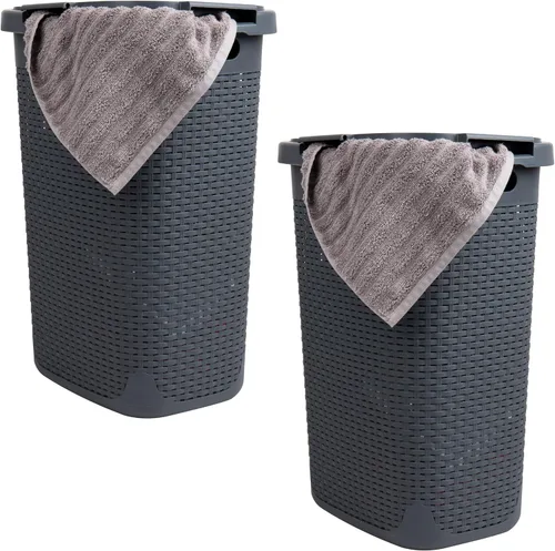 Mind Reader Cesta para Ropa Sucia Delgada de 60L, Cesta de Ropa, Tapa, Estilo Mimbre, Plástico, 17.65"L x 13.75"A x 24.15"Al, Juego de 2, Gris