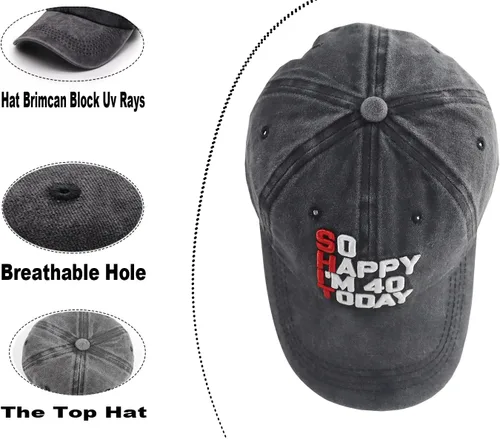 Miniatura 3 de So Happy I'm 40 Today - Gorra de béisbol para hombres y mujeres, ajustable, bordado, de algodón, vintage, para cumpleaños 40