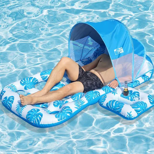 COOLCOOLDEE Flotador inflable para piscina con toldo de sombrilla UPF 50+, flotador extra grande para adultos con reposacabezas, portavasos Azul