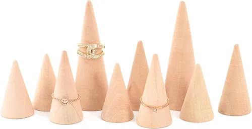 Miniatura 7 de Conos de madera negra, 10 unidades de 3 tamaños diferentes para anillos de cono de madera, soporte de exhibición de joyas, conos de madera