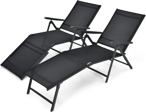Miniatura 9 de COSTWAY 2 piezas de tumbona plegable, tela ligera y transpirable, silla reclinable de bronceado al aire libre para terraza, playa (gris)