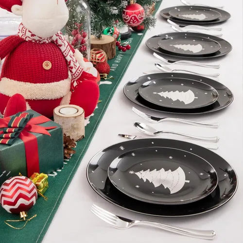 Miniatura 7 de WDF 50 platos de Navidad de plástico, platos negros y plateados con árbol de Navidad, incluyen 25 platos llanos, 25 platos de ensalada, platos